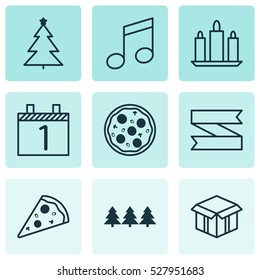 Set Of 9 New Year Icons. Can Be Used For Web, Mobile, UI And Infographic Design. Includes Elements Such As Pizza Meal, Crotchets, Open Cardboard And More.
