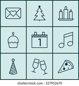 Set Of 9 New Year Icons. Can Be Used For Web, Mobile, UI And Infographic Design. Includes Elements Such As Crotchets, Champagne Glasses, Sliced Pizza And More.