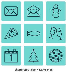 Set Of 9 New Year Icons. Can Be Used For Web, Mobile, UI And Infographic Design. Includes Elements Such As Agenda, Celebration Letter, Fishing And More.