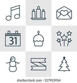 Set Of 9 New Year Icons. Can Be Used For Web, Mobile, UI And Infographic Design. Includes Elements Such As Decorated Tree, Wax, Crotchets And More.