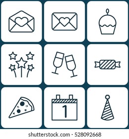 Set Of 9 New Year Icons. Can Be Used For Web, Mobile, UI And Infographic Design. Includes Elements Such As Birthday Cake, Greeting Email, Festive Fireworks And More.
