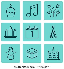 Set Of 9 New Year Icons. Can Be Used For Web, Mobile, UI And Infographic Design. Includes Elements Such As Agenda, Wax, Crotchets And More.