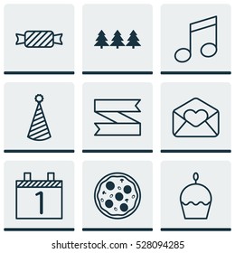 Set Of 9 New Year Icons. Can Be Used For Web, Mobile, UI And Infographic Design. Includes Elements Such As Crotchets, Agenda, Birthday Hat And More.