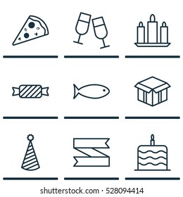 Set Of 9 New Year Icons. Can Be Used For Web, Mobile, UI And Infographic Design. Includes Elements Such As Champagne Glasses, Birthday Hat, Fishing And More.