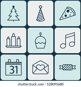 Set Of 9 New Year Icons. Can Be Used For Web, Mobile, UI And Infographic Design. Includes Elements Such As Sweet, Birthday Cake, Sliced Pizza And More.