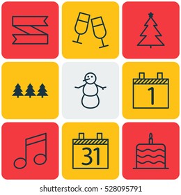 Set Of 9 New Year Icons. Can Be Used For Web, Mobile, UI And Infographic Design. Includes Elements Such As Decorated Tree, Date, Champagne Glasses And More.