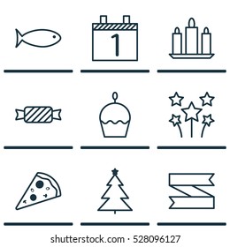 Set Of 9 New Year Icons. Can Be Used For Web, Mobile, UI And Infographic Design. Includes Elements Such As Birthday Cake, Agenda, Decorated Tree And More.