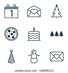 Set Of 9 New Year Icons. Can Be Used For Web, Mobile, UI And Infographic Design. Includes Elements Such As Agenda, Birthday Hat, Celebration Letter And More.