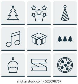 Set Of 9 New Year Icons. Can Be Used For Web, Mobile, UI And Infographic Design. Includes Elements Such As Birthday Cake, Holiday Ornament, Open Cardboard And More.