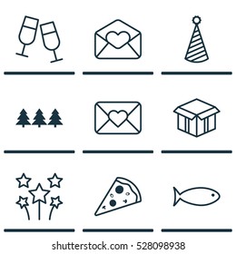 Set Of 9 New Year Icons. Can Be Used For Web, Mobile, UI And Infographic Design. Includes Elements Such As Holiday Ornament, Greeting Email, Open Cardboard And More.