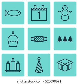Set Of 9 New Year Icons. Can Be Used For Web, Mobile, UI And Infographic Design. Includes Elements Such As Winter, Open Cardboard, Wax And More.