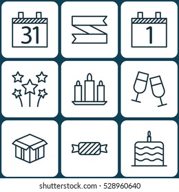 Set Of 9 New Year Icons. Can Be Used For Web, Mobile, UI And Infographic Design. Includes Elements Such As Champagne Glasses, Sweet, Agenda And More.