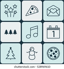 Set Of 9 New Year Icons. Can Be Used For Web, Mobile, UI And Infographic Design. Includes Elements Such As Decorated Tree, Winter, Holiday Ornament And More.