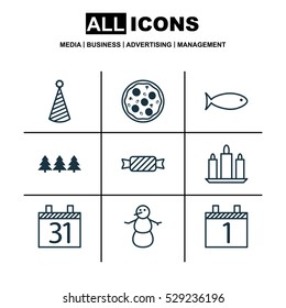 Set Of 9 New Year Icons. Can Be Used For Web, Mobile, UI And Infographic Design. Includes Elements Such As Pizza Meal, Birthday Hat, Agenda And More.