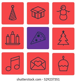 Set Of 9 New Year Icons. Can Be Used For Web, Mobile, UI And Infographic Design. Includes Elements Such As Greeting Email, Crotchets, Birthday Cake And More.