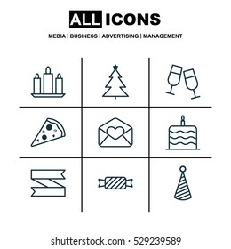 Set Of 9 New Year Icons. Can Be Used For Web, Mobile, UI And Infographic Design. Includes Elements Such As Wax, Blank Ribbon, Greeting Email And More.