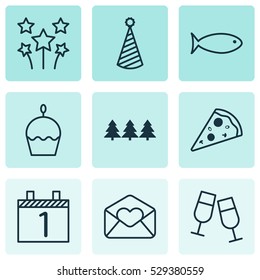 Set Of 9 New Year Icons. Can Be Used For Web, Mobile, UI And Infographic Design. Includes Elements Such As Holiday Ornament, Champagne Glasses, Sliced Pizza And More.