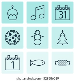 Set Of 9 New Year Icons. Can Be Used For Web, Mobile, UI And Infographic Design. Includes Elements Such As Fishing, Pizza Meal, Birthday Cake And More.