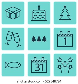 Set Of 9 New Year Icons. Can Be Used For Web, Mobile, UI And Infographic Design. Includes Elements Such As Champagne Glasses, Open Cardboard, Decorated Tree And More.