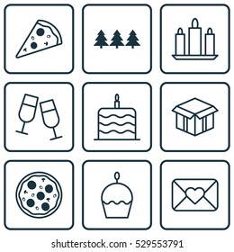 Set Of 9 New Year Icons. Can Be Used For Web, Mobile, UI And Infographic Design. Includes Elements Such As Pizza Meal, Sliced Pizza, Open Cardboard And More.