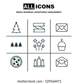 Set Of 9 New Year Icons. Can Be Used For Web, Mobile, UI And Infographic Design. Includes Elements Such As Greeting Email, Decorated Tree, Birthday Cake And More.