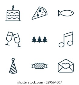 Set Of 9 New Year Icons. Can Be Used For Web, Mobile, UI And Infographic Design. Includes Elements Such As Champagne Glasses, Holiday Ornament, Birthday Hat And More.