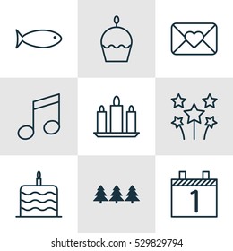 Set Of 9 New Year Icons. Can Be Used For Web, Mobile, UI And Infographic Design. Includes Elements Such As Crotchets, Holiday Ornament, Wax And More.