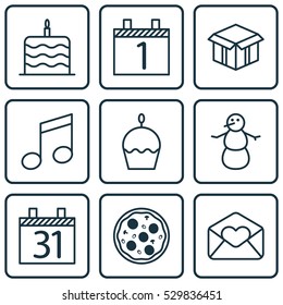 Set Of 9 New Year Icons. Can Be Used For Web, Mobile, UI And Infographic Design. Includes Elements Such As Pizza Meal, Celebration Cake, Birthday Cake And More.