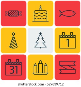 Set Of 9 New Year Icons. Can Be Used For Web, Mobile, UI And Infographic Design. Includes Elements Such As Blank Ribbon, Wax, Date And More.