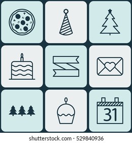 Set Of 9 New Year Icons. Can Be Used For Web, Mobile, UI And Infographic Design. Includes Elements Such As Decorated Tree, Blank Ribbon, Birthday Hat And More.