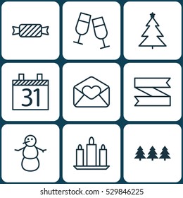 Set Of 9 New Year Icons. Can Be Used For Web, Mobile, UI And Infographic Design. Includes Elements Such As Greeting Email, Winter, Sweet And More.