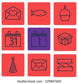 Set Of 9 New Year Icons. Can Be Used For Web, Mobile, UI And Infographic Design. Includes Elements Such As Open Cardboard, Celebration Letter, Blank Ribbon And More.