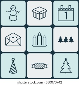 Set Of 9 New Year Icons. Can Be Used For Web, Mobile, UI And Infographic Design. Includes Elements Such As Sweet, Winter, Decorated Tree And More.