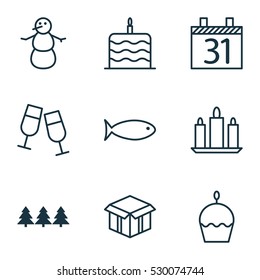 Set Of 9 New Year Icons. Can Be Used For Web, Mobile, UI And Infographic Design. Includes Elements Such As Fishing, Open Cardboard, Holiday Ornament And More.