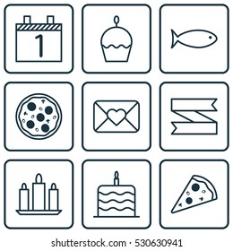Set Of 9 New Year Icons. Can Be Used For Web, Mobile, UI And Infographic Design. Includes Elements Such As Pizza Meal, Blank Ribbon, Celebration Letter And More.