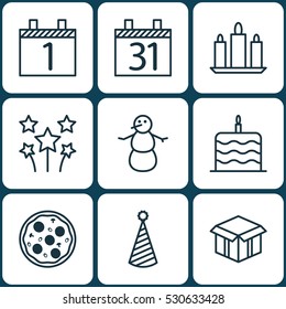 Set Of 9 New Year Icons. Can Be Used For Web, Mobile, UI And Infographic Design. Includes Elements Such As Birthday Hat, Date, Celebration Cake And More.