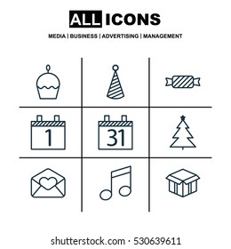 Set Of 9 New Year Icons. Can Be Used For Web, Mobile, UI And Infographic Design. Includes Elements Such As Agenda, Birthday Hat, Open Cardboard And More.