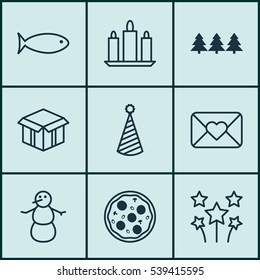 Set Of 9 New Year Icons. Includes Celebration Letter, Open Cardboard, Festive Fireworks And Other Symbols. Beautiful Design Elements.