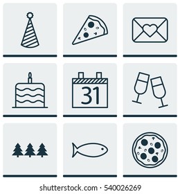 Set Of 9 New Year Icons. Includes Birthday Hat, Holiday Ornament, Sliced Pizza And Other Symbols. Beautiful Design Elements.