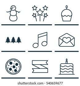 Set Of 9 New Year Icons. Includes Pizza Meal, Holiday Ornament, Birthday Cake And Other Symbols. Beautiful Design Elements.