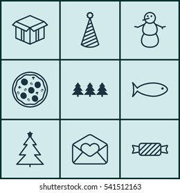 Set Of 9 New Year Icons. Includes Greeting Email, Fishing, Sweet And Other Symbols. Beautiful Design Elements.