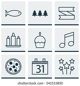 Set Of 9 New Year Icons. Includes Wax, Blank Ribbon, Holiday Ornament And Other Symbols. Beautiful Design Elements.