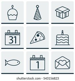 Set Of 9 New Year Icons. Includes Greeting Email, Open Cardboard, Fishing And Other Symbols. Beautiful Design Elements.