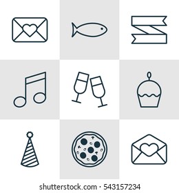 Set Of 9 New Year Icons. Includes Fishing, Pizza Meal, Celebration Letter And Other Symbols. Beautiful Design Elements.