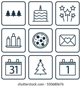 Set Of 9 New Year Icons. Includes Date, Wax, Pizza Meal And Other Symbols. Beautiful Design Elements.