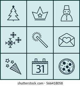 Set Of 9 New Year Icons. Includes Sparkles, Pizza Meal, Decorated Tree And Other Symbols. Beautiful Design Elements.