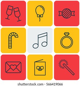 Set Of 9 New Year Icons. Includes Celebration Letter, Champagne Glasses, Balloon And Other Symbols. Beautiful Design Elements.