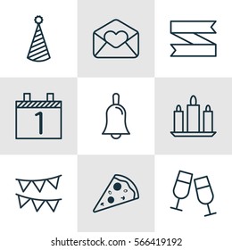 Set Of 9 New Year Icons. Includes Champagne Glasses, Sliced Pizza, Wax And Other Symbols. Beautiful Design Elements.