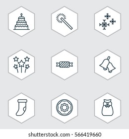 Set Of 9 New Year Icons. Includes Ringer, Fireplace Decoration, Sweet And Other Symbols. Beautiful Design Elements.