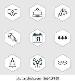 Set Of 9 New Year Icons. Includes Carnival Face, Knitted Cap, Holiday Ornament And Other Symbols. Beautiful Design Elements.